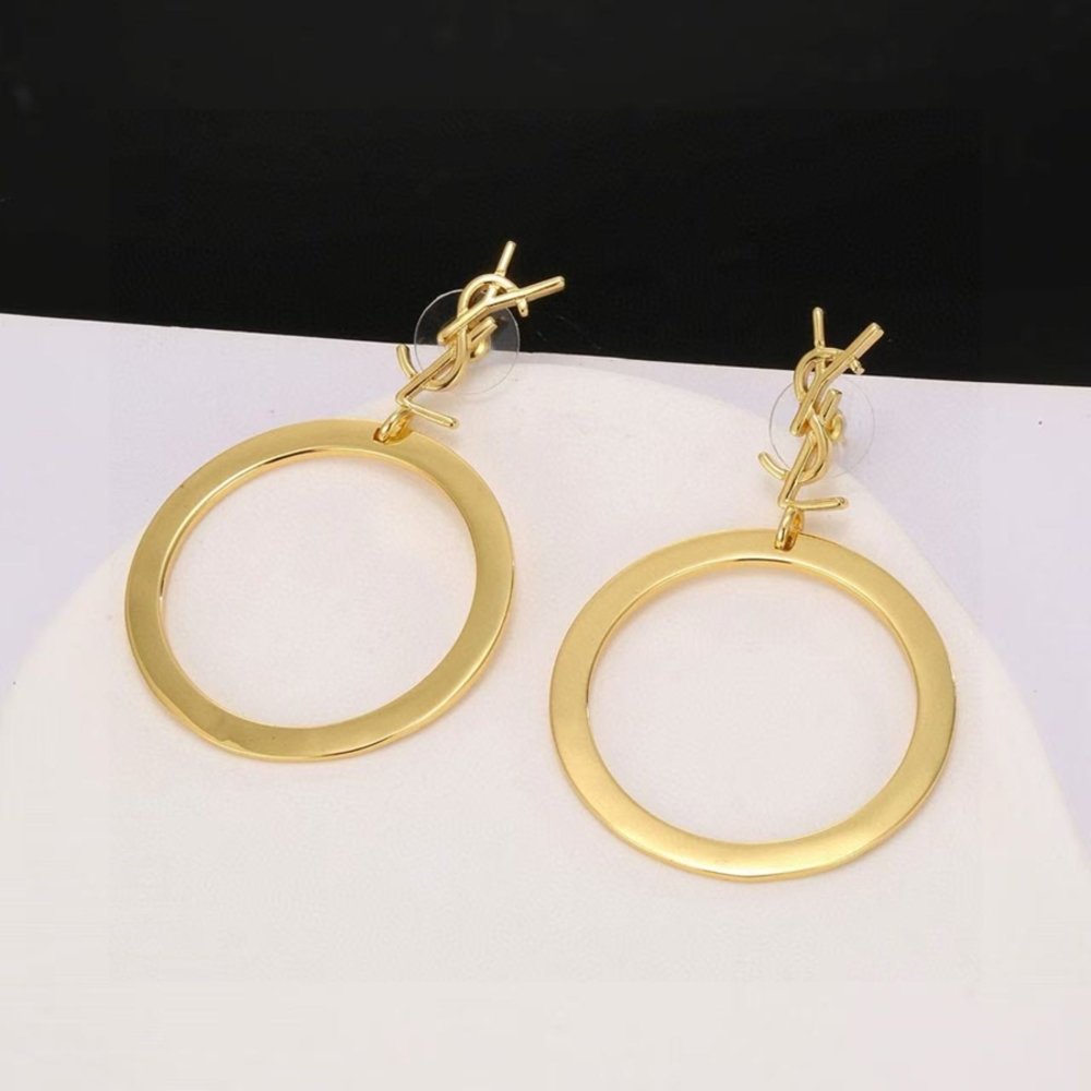 YSL Saint Laurent Cassandre Logo Large Hoop Drop Earrings Gold Tone